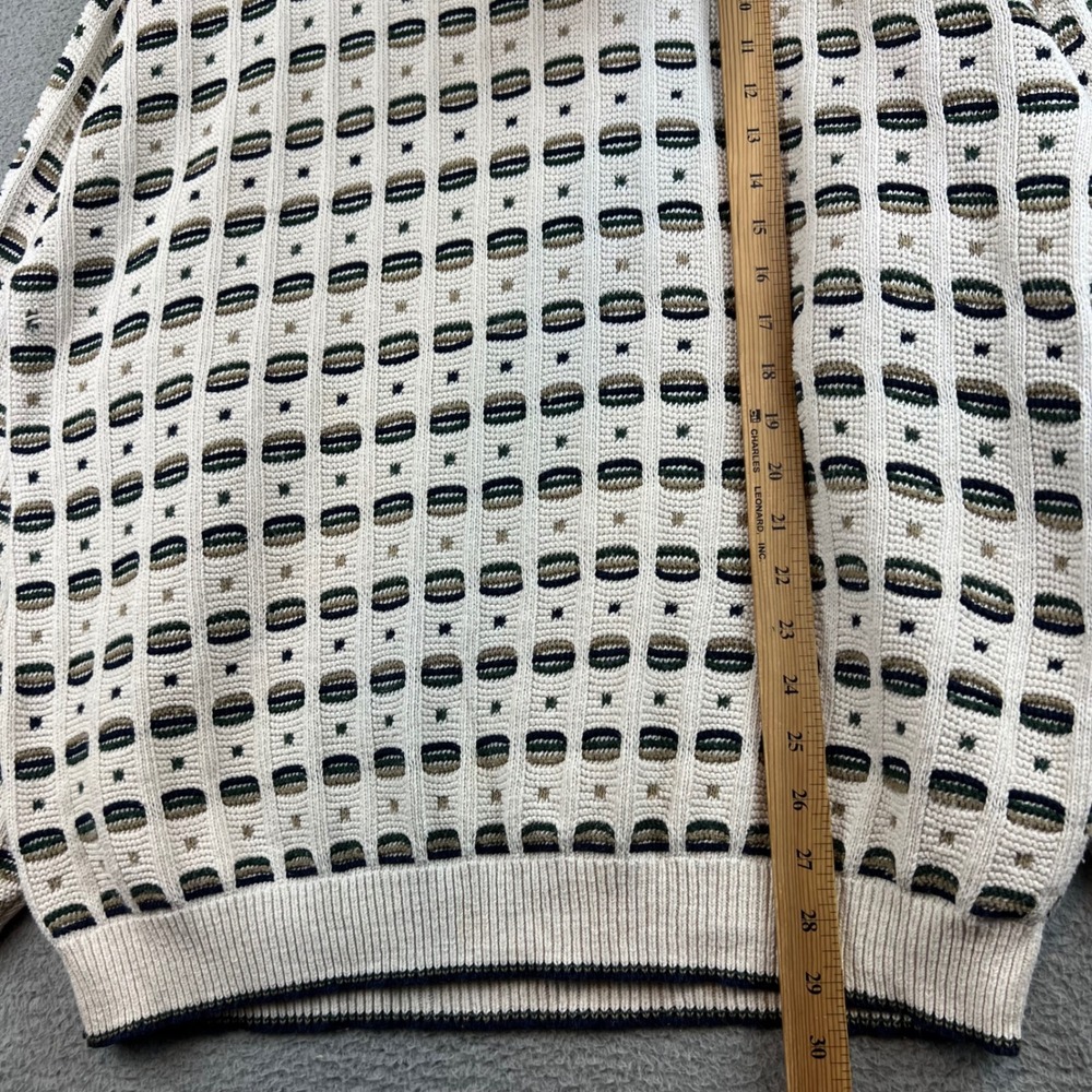 Vintage Textured Knit Geometric Crewneck Sweater Mens Cream Green Brown Pattern - Picture 3 of 8